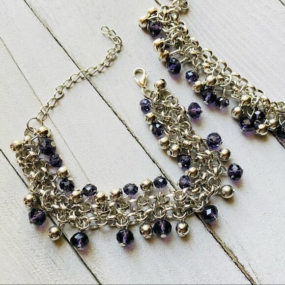 Purple Crystal Silver Chain Necklace Bracelet Set - Picture 3 of 4